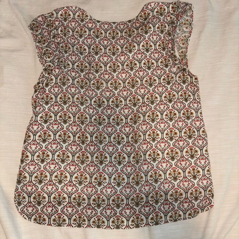 LOFT White Cap Sleeve Blouse with Red & Olive Motif